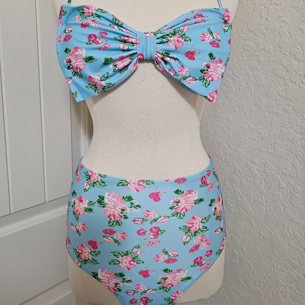 Blue floral High-waist Swimsuit
